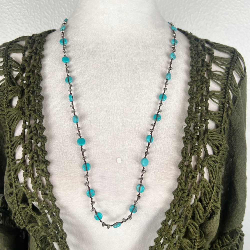 ☘️5/$25 Lucky Brand Boho Turquoise Western Theme Long Beaded Necklace Silver